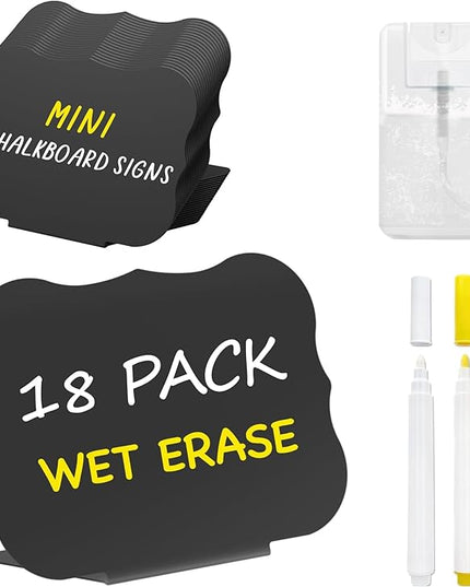 PigPotParty 18 Pcs Food Labels for Party Buffet w/Cleaning Spray, 4"x3" Mini Chalkboard Signs Include 2 Liquid Chalk Markers for Food Display - Food Tags- Table Palce Card (Waved Shape)