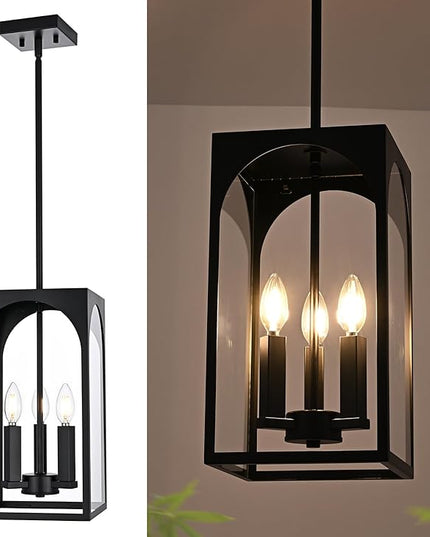 VINLUZ 3 Lights E12 Outdoor Pendant Lighting Fixture in Black Finish Finish, Farmhouse Hanging Lantern Chandelier with Clear Glass Shade for Porch Entryway Hallway
