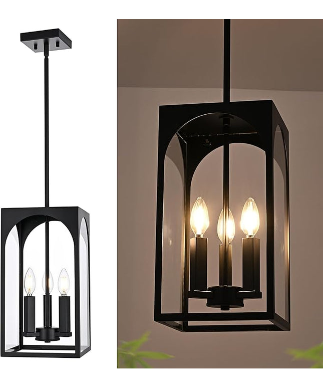VINLUZ 3 Lights E12 Outdoor Pendant Lighting Fixture in Black Finish Finish, Farmhouse Hanging Lantern Chandelier with Clear Glass Shade for Porch Entryway Hallway