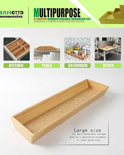 V-Shaped Bamboo Drawer Organizer Set of 3, Kitchen Large and Long Utensil Plate, Flatware & Silverware Storage Box, Wood Drawer Organizer for Bedroom, Living Room (19.6"x5.7" & 7.8" & 12.4")
