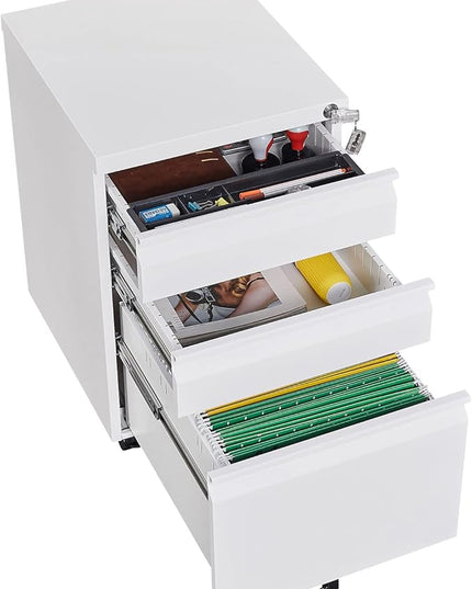 3-Drawer Lockable Mobile File Cabinet – Metal A4/Letter/Legal Size Storage for Home/Office, Pre-Assembled, Space-Saving Under-Desk Cabinet with Wheels (White)