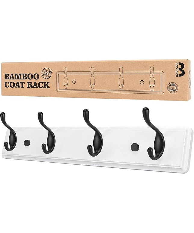 Wooden Coat Rack, Wall-Mounted Organizer for Closet, Entryway, Hallway, Foyer, Bedroom, Heavy Duty Double Hooks for Hanging Towels, Bags, Hats, Jackets, Key (WhiteBlack, 4 Hooks)