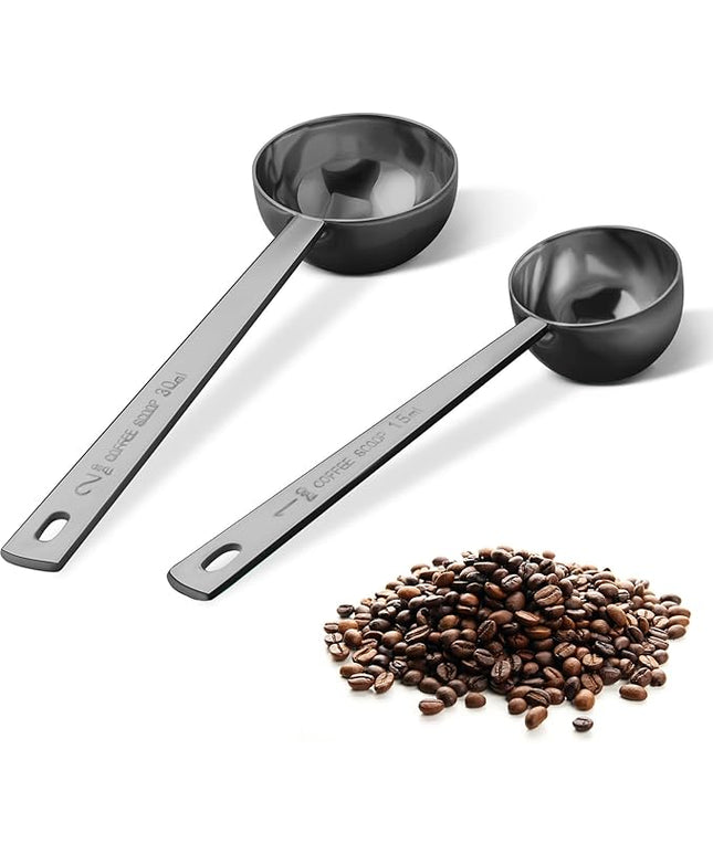 Premium Coffee Scoop Set, Set of 2, Metal Stainless Steel Long Handle Coffee Scoop, Measuring Coffee Spoons Contains 1 Tablespoon (15 ml) and 2 Tablespoons (30 ml) Spoon-Black