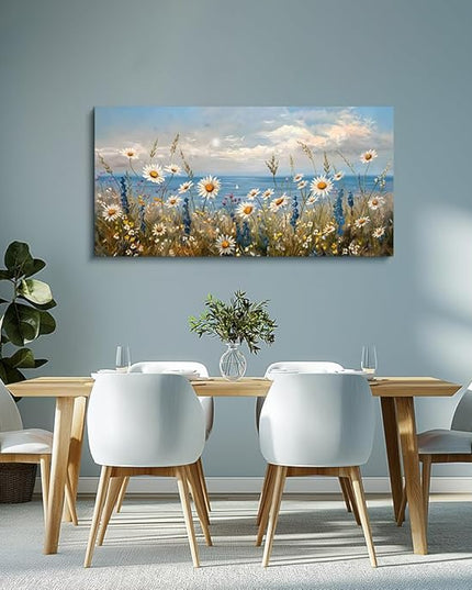 Wapluam Blue Ocean Canvas Wall Art for Living Room Wall Decor For Bedroom Bathroom Decoration Natural Seascape Painting Modern Office Wildflowers Artwork Large Pictures Home Decor Ready To Hang