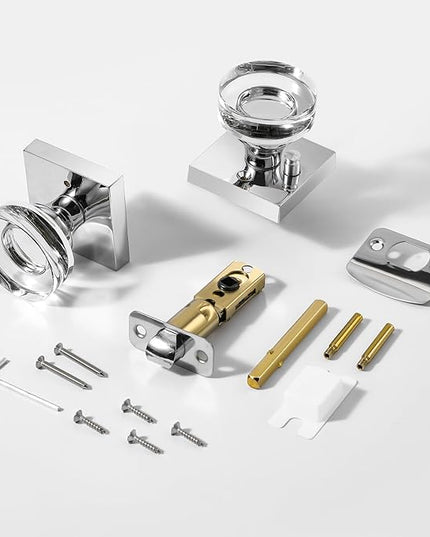 Polished Chrome Door Knobs Interior, Privacy Crystal Glass Door Knobs with Lock for Bathroom Bedroom