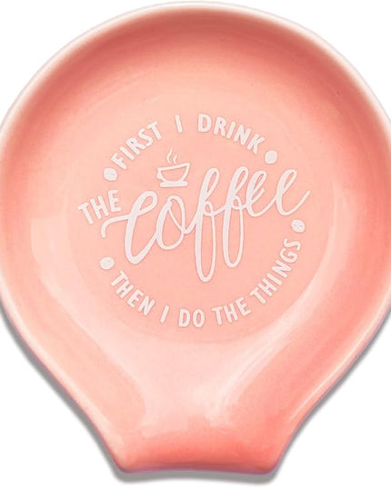 Funny Coffee Quote First I Drink The Coffee Then I Do The Things Ceramic Spoon Holder- Orange Pink Coffee Spoon Rest -Cafe Station Bar Accessories