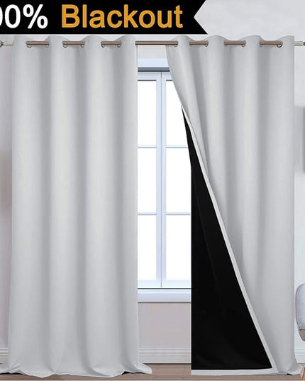 Yakamok 100% Blackout Curtains 108 Inches Long, 2 Thick Layers Thermal Insulated Curtain Panels for Bedroom, Full Light Blocking Drapes with Black Liner (52" Wide Each Panel, Light Grey, 2 Panels)