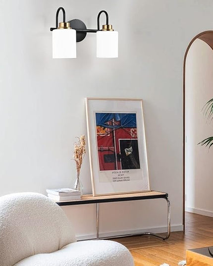 Modern Matte Black and Gold Bathroom Vanity Light Fixtures 2 Lights Milky Glass Wall Sconce Light Modern Vanity Lights Over Mirror(Exclude E26 Bulb)