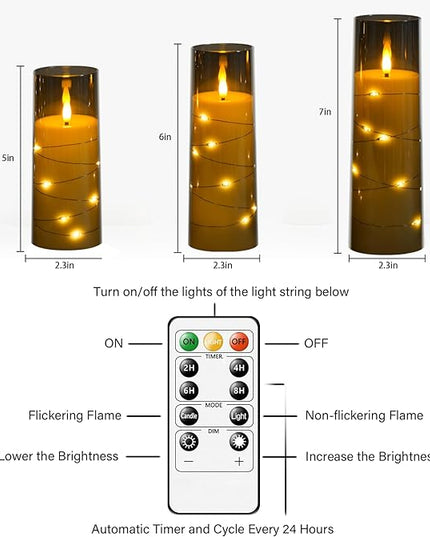 Flickering Flameless LED Candles, 9 Pcs with Embedded Star String, Acrylic LED Pillar Candles with Remote, Suitable for Home Decoration (Grey)