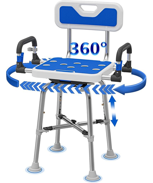 Swive Shower Chair with Arms and Back Heavy Duty 500 lbs for Seniors Elderly Disabled or Bariatric Adults Bench Seat for Inside Shower Stall and Bathroom Bath Tub Seats Adjustable Stool