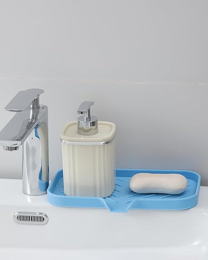 Silicone Bathroom Soap Dishes with Drain Spout-Bathroom and Kitchen Sink Organizer,Sponge Holder,Dish Soap Tray,Perfect for Dispenser,Scrubber,Bottle on Sink or Counter-Light Blue 9.6"×5.3"