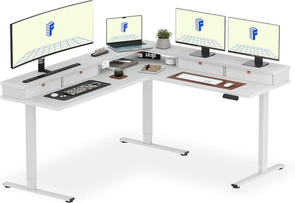 FLEXISPOT 71" Large L Shaped Standing Desk Electric Corner Table with Shelf, 4 Storage Drawers, Adjustable Computer Workstation for Home, Office, Game, Studio, White Top + White Frame