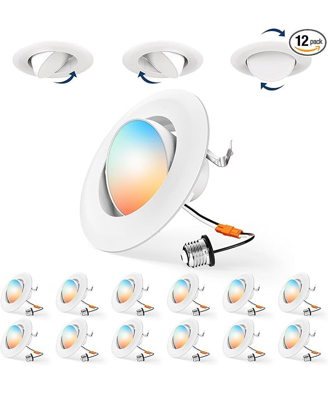 Amico 12 Pack 4 Inch Retrofit Eyeball Gimbal Can Lights, Adjustable Eyeball Directional 5CCT LED Recessed Lights, Dimmable, 2700K/3000K/3500K/4000K/5000K Selectable, 7W 650LM, ETL&FCC