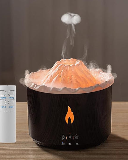 300ml Essential Oil Diffuser, Volcano Flame Aromatherapy Diffusers Fragrant Humidifier Vaporizer with Remote Control, Night Lights, Timer Auto Off for Bedroom Home Office (Dark Wood Grain)