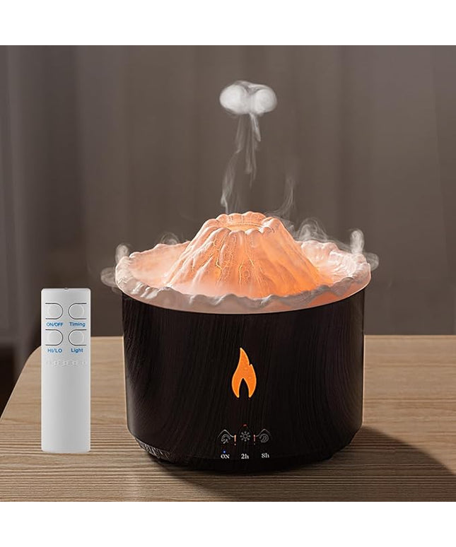 300ml Essential Oil Diffuser, Volcano Flame Aromatherapy Diffusers Fragrant Humidifier Vaporizer with Remote Control, Night Lights, Timer Auto Off for Bedroom Home Office (Dark Wood Grain)