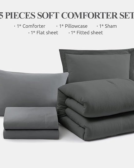 WRENSONGE Twin Comforter Set- 5 Pieces Grey Bed in a Bag, All Season Twin XL Bedding Sets with 1 Fitted Sheet, 1 Flat Sheet, 1 Pillow Sham and 1 Pillowcase