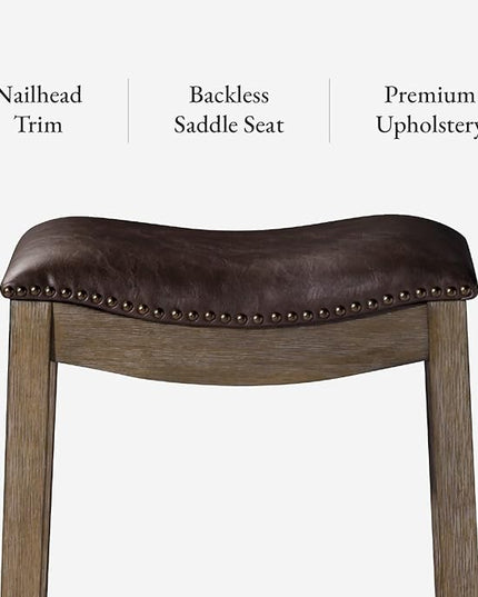 Maven Lane Adrien Backless Bar Stool – Set of 3 – 31 Inch Saddle Seat with Footrest – Brown Solid Wood Frame & Beige Faux Leather Upholstery – Ideal for Bars, Pub Tables & Tall Kitchen Counters
