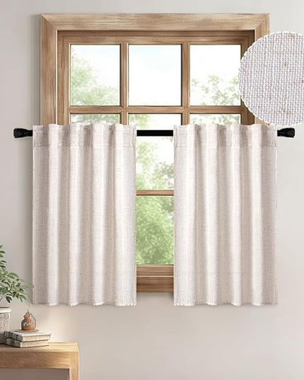 MIULEE Farmhouse Kitchen Curtains 24 Inch Length 2 Panels, Soft Thick Linen Textured Natural White Semi Sheer Light Filtering Short Cafe Tier Curtains for Small Half Window Back Tab Rod Pocket
