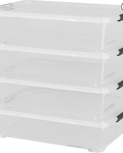 4Pack 40 Qt Plastic Under Bed Storage Organizer Bin Container with Secure Lids and Durable Wheels, Clear