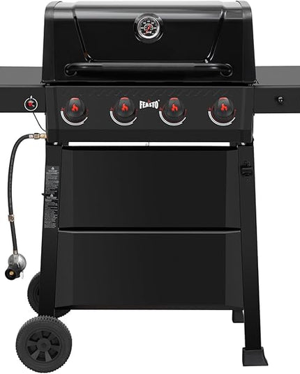 4-Burner Gas BBQ Grill with Side Table, 36,000 BTU Outdoor Propane Grill with Enameled Coated Chamber Body, Premium Porcelain-Enameled Grates for Backyard, Patio, Camping Barbecue, Black