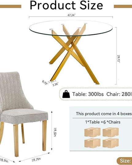 Round Glass Dining Table Set for 6, 47'' Clear Circular Kitchen Table and Chairs Set, 7PCS Modern Circle Dining Room Table Set with 6 Dining Chair for Home
