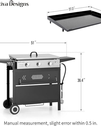 Captiva Designs 27 in Flat Top Griddle Grill with Ceramic Coated Cast Iron Pan, 3-Burner Propane Gas Griddle Grill, 33,000 BTU Output Flattop Grills for Outdoor Barbecue, Cooking and Party