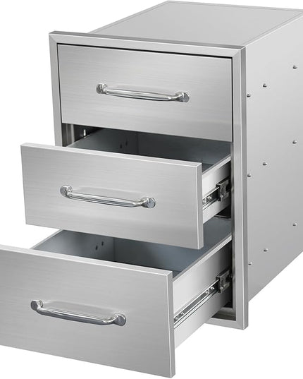Outdoor Kitchen Drawers 16" W x 21" H x 23" D Flush Mount Triple BBQ Drawers with Chrome Handle Stainless Steel Drawer for Outdoor Kitchen Island, Patio Grill Station
