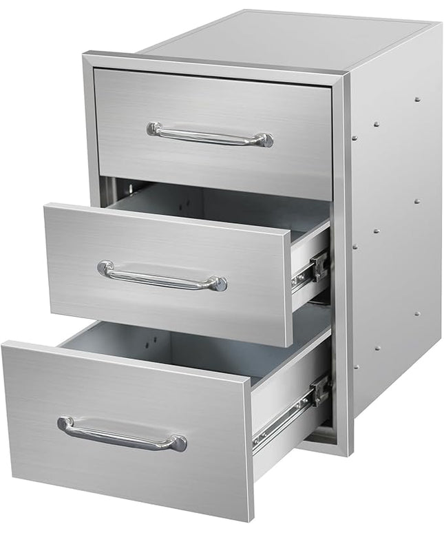 Outdoor Kitchen Drawers 15.7" W x 21.6" H x 17.7" D Flush Mount Triple BBQ Drawers with Chrome Handle Stainless Steel Drawer for Outdoor Kitchen Island, Patio Grill Station