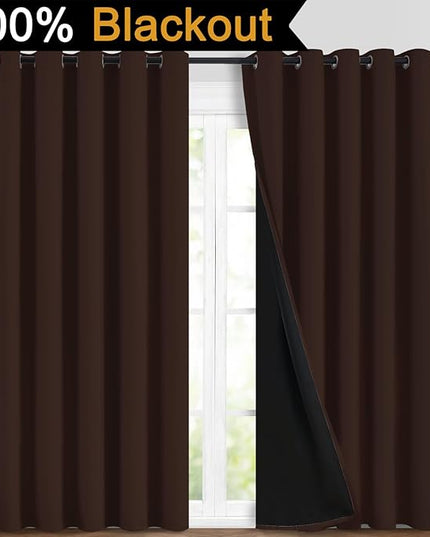 Yakamok 100% Blackout Curtains for Bedroom, 2 Thick Layers Thermal Insulated Grommet Total Blackout Drapes with Black Liner for Living Room (70Wx84L,Chocolate Brown, 2 Panels)