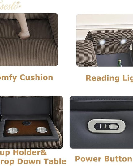 Power Recliner Sofa Set with LED Light, 3-Piece Fabric Reclining Sectional Couches, Living Room Furniture Sets, Reclining Sofa with Cup Holders/Storage Console for House(Brown Grey)