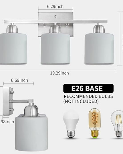 Brushed Nickel Bathroom Light Fixture, 3 Light Vanity Lights for Bathroom, Bath Lights with Milky White Frosted Glass Shades, E26 Socket