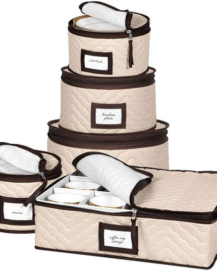 China Storage Containers 5-Piece Set Moving Boxes for Dinnerware, Glasses, Plates, Mugs and Saucers Sturdy Quilted Microfiber Dish Organizer with Dividers for Seasonal Storage - Holds Set of 12