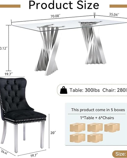 7 Piece Glass Dining Table Set,70" Dinner Room Glass Table Set for 6,Modern Kitchen Dinner Table Set with Stainless Steel Base and 6 Upholstered Velvet Dining Chairs for Living Dining Room