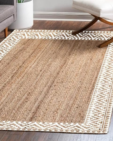 voyzz home 5X8 Feet-Rectangular, Premium Natural Jute Braided Area Rug, White Printed Border, Stain Resistance, Natural Brown, Handmade Rug for Entryways, Living Room, Dining Room, Bedroom, Farmhouse