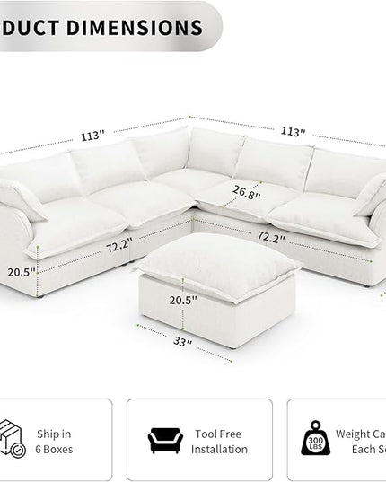 Cloud Modular Sectional Sofa,5 Seater with Ottoman Comfy Down Couch,26.8" Deep Seat Couches,Sofa for Living Room,Detachable Sofa Covers,Cream White