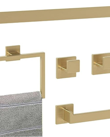Bathroom Accessory Towel Bar Set: 5 Pieces Gold Bathroom Hardware Square SUS304 Stainless Steel - 24 Inch Wall Mounted Towel Rack&Toilet Paper Holder&Towel Ring and Towel Hook