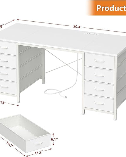 50 Inch White Computer Desk with 8 Drawers, Home Office Desk with Power Outlets, Work Study Gaming Desk with 8 Fabric Drawers, White