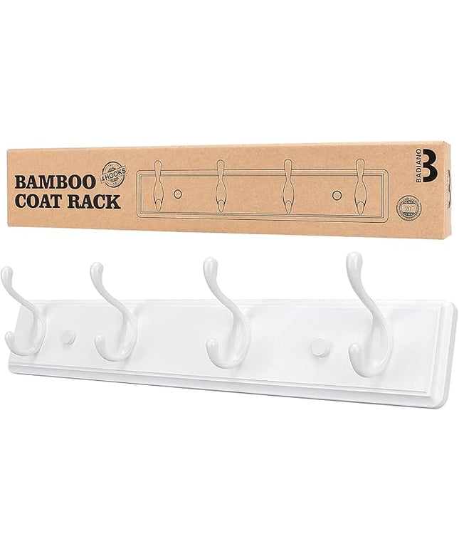 Wooden Coat Rack, Wall-Mounted Organizer for Closet, Entryway, Hallway, Foyer, Bedroom, Heavy Duty Double Hooks for Hanging Towels, Bags, Hats, Jackets, Key (White, 4 Hooks)
