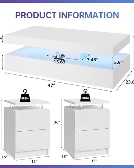 3-Piece Modern Living Room Table Set, Includes LED Coffee Table and End Tables Set of 2 with Storage Drawers, White