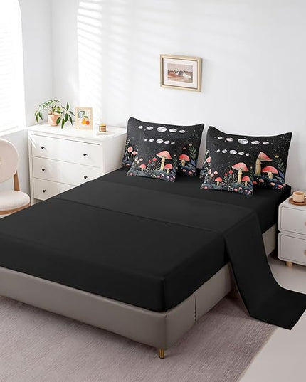 Feelyou Gothic Nature 7 Piece Bedding Set King Size Flower Mushroom Comforter Set with Sheets for Teens Boys Girls Bedroom Decor Rustic Garden Bed in a Bag Soft Reversible Bed Set