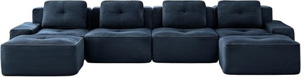 Hommoo 153" Oversized Sectional Sofa, Modular U Shaped Couch with Ottoman, Comfy Corduroy Couches with Deep Seat, 6 Seat Convertible Boneless Sofa for Living Room No Assembly Required Blue
