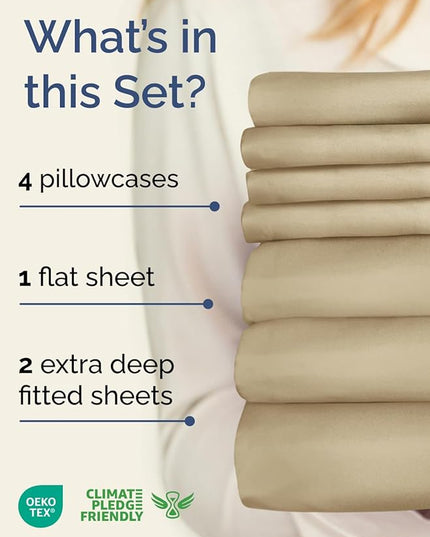 Extra Deep Split King Sheet Set - 7 Piece Breathable & Cooling Sheets - Hotel Luxury Bed Sheets Set - Easy & Secure Fit - Soft, Wrinkle Free & Comfy Sheets Set - Beige Sheet Set w/Extra Deep Pockets