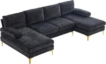 VINGLI 110" Large U-Shape Sectional Sofa Couch with 51" D Double Chaise for Living Room, Modern Sectional Couch Set with Soft 5.9" Thickness Seating Padding, Chenille Fabric,Metal Gold Legs(Black)