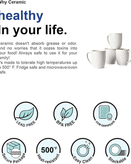 LE TAUCI Coffee Mugs 16 oz,Ceramic Mug Set, Embossment Cups for Latte, Hot Tea, Cappuccino, Mocha, Cocoa, Dishwasher Safe, Suit For Housewarming Wedding- 3.8 inch, Set of 4, Arctic White