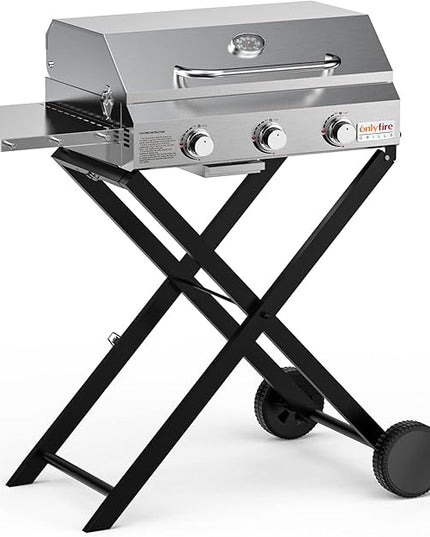 BBQ Gas Grill 3-Burner with Foldable Cart & Side Table, Portable Propane Grill with Lid for Outdoor Patio Backyard Barbecue Camping Tailgating RV Trip, Stainless Steel, GS308
