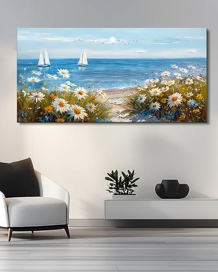 PHAOHUAXM Large Blue Ocean Landscape Canvas Printing Picture Wall Art For Living Room Farmhouse Dinin Mural White Flowers Bedroom Office Wall Decor Home Decor Painting Easy To Hang 30x60 Inches