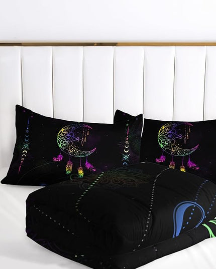 AILONEN Moon Comforter Set Full Size, Black Galaxy Bohemian Bedding Set,Celestial Bedding Mandala Bed in a Bag Duvet Set,Colorful Starry Comforter Sets 3 Pieces, 1 Quilt and 2 Pillowcases