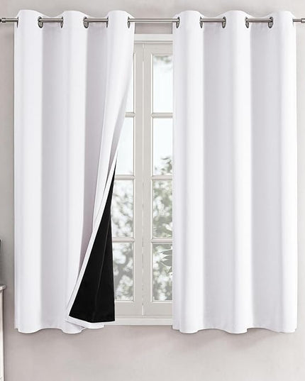 ChrisDowa White 100% Blackout Curtains for Bedroom with Black Liner, 2 Thick Layers Total Blackout Thermal Insulated Grommet Small Window Curtains 2 Panels Set (Pure White, 42 x 54 Inch)