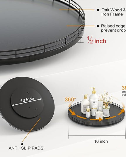16" Oak Wooden Lazy Susan Turntable for Dining Table, Large Round Lazy Susans Organizer for Kitchen Countertop, Tabletop 360°Rotating Tray for Spice Organization and Storage Black Home Decor