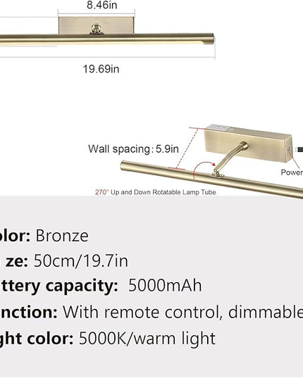 Picture Light for Wall Battery Operated, 20" Rechargeable Art Light with Remote and Timer for Painting, 9000mAh Wireless Wall Light for Display, Artwork, Portrait, Gallery, Gold
